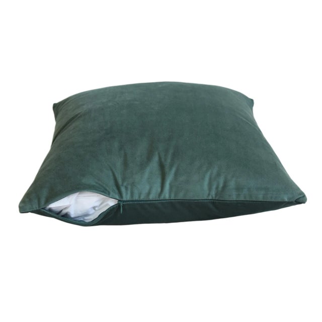 Custom-tailored designer pillow in a cotton blend velvet fabric ina hunter green color. Same fabric on the reverse. Zipper...