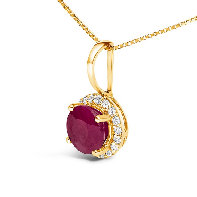 Contemporary 10K Yellow Gold Red Ruby and 1/10 Cttw Diamond Accent Halo Pendant Necklace For Sale - Image 3 of 5