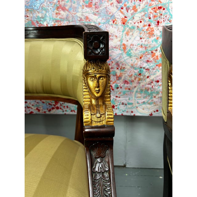 Antique Pair of Art Nouveau Egyptian Revival Carved Wood and Gilt Statement Chairs For Sale - Image 9 of 10