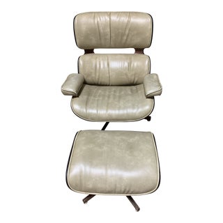 Vintage Mid Century Eames Leather Chair and Ottoman Replica For Sale