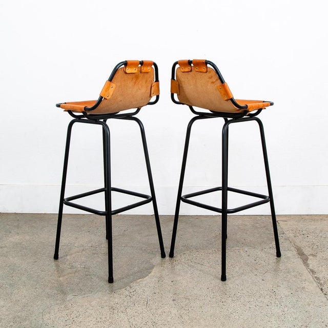 1960s 1960s Mid Century Modern Bar Stools Set 3 Cognac Tan Leather Charlotte Perriand Arcs For Sale - Image 5 of 12