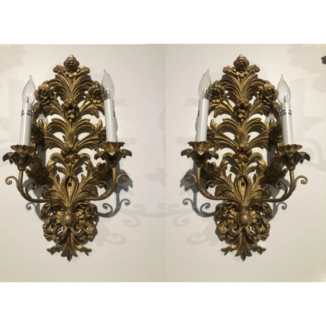 Pair of Traditional Italian Hand Carved Wood Floral Design Sconces For Sale - Image 11 of 11