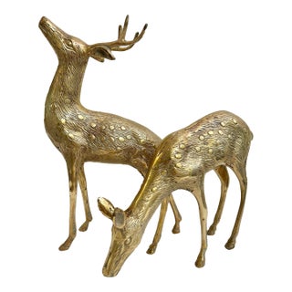 Mid 20th Century Hollywood Regency Large Brass Deer Sculptures - A Pair For Sale