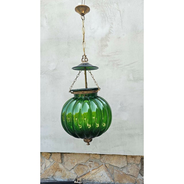 Metal Art Deco Chandelier in Glass and Brass in Green, 1920s For Sale - Image 7 of 10