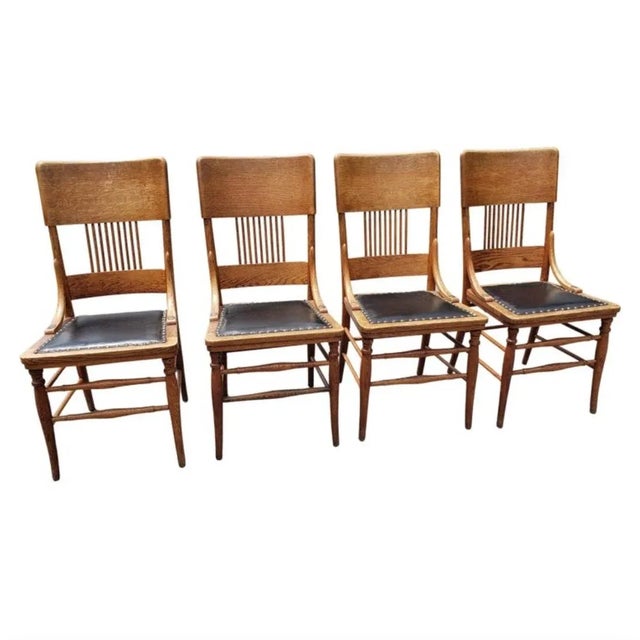 Early American Pressed Oak Studded Back & Nail Leather Dining Chairs, a Set For Sale - Image 9 of 10