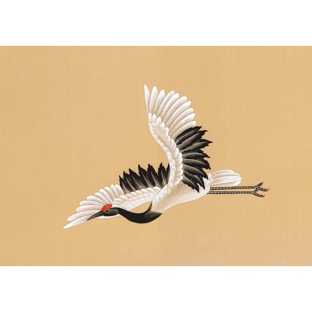 Not Yet Made - Made To Order 36" * H100"/Panel * 5ps, Mustard-Yellow Pine and Crane Wallpaper, Chinese-Style Pine and Crane Wallpaper Mural, 5 Panels For Sale - Image 5 of 6