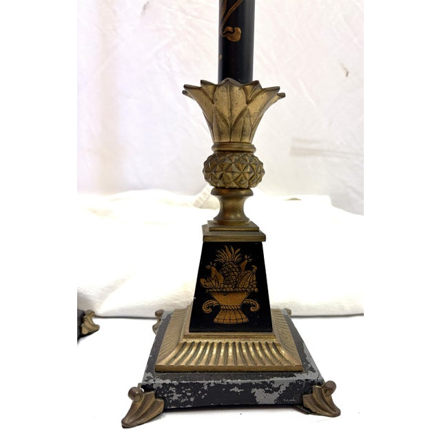 Late 20th Century Vintage French Tole and Brass Candlestick Lamps With Pineapple Motif- A Pair For Sale - Image 5 of 18