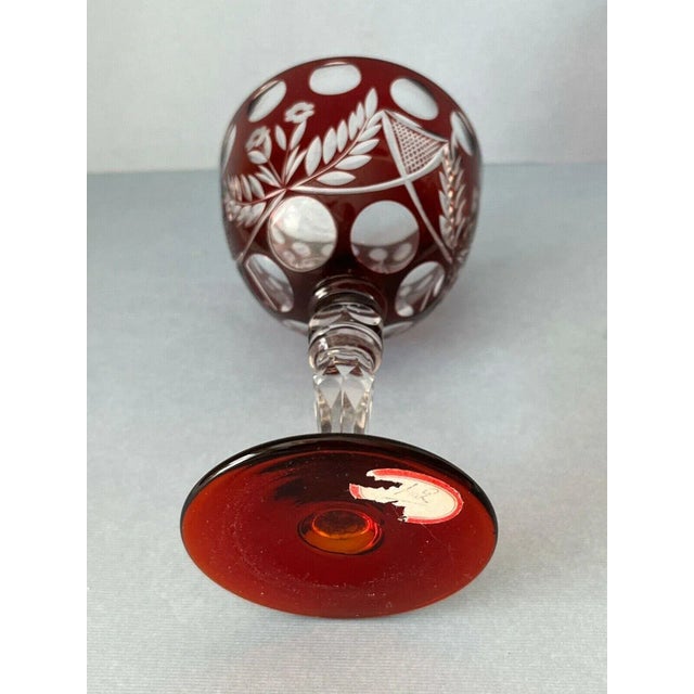 Glass Vintage Bohemian Czech Hock Wine Glass Red Cut to Clear Crystal Stemware For Sale - Image 7 of 10
