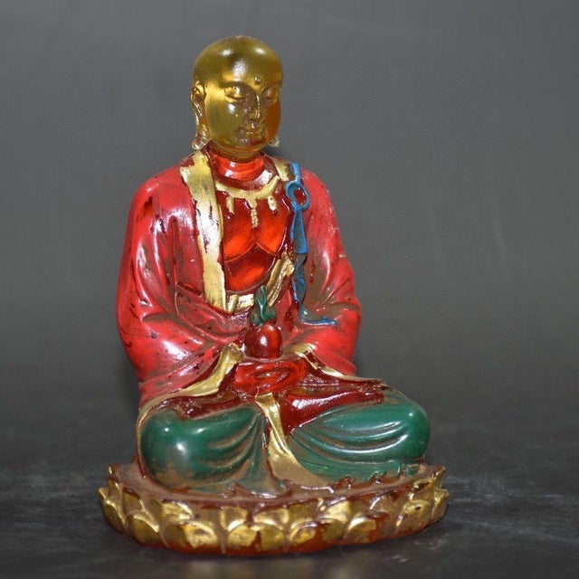 1970s Colored-Glass Buddha Figurine — Seated on Lotus Throne, Red & Gold Robes For Sale - Image 5 of 9