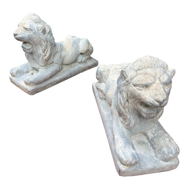 Pair of Old Cement Lions For Sale