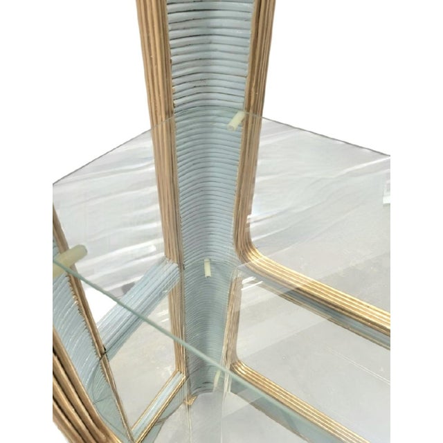 1970s Vintage Custom Painted Baby Blue Gold Arched Pencil Reed Glass Shelving Unit Etagere For Sale - Image 5 of 13