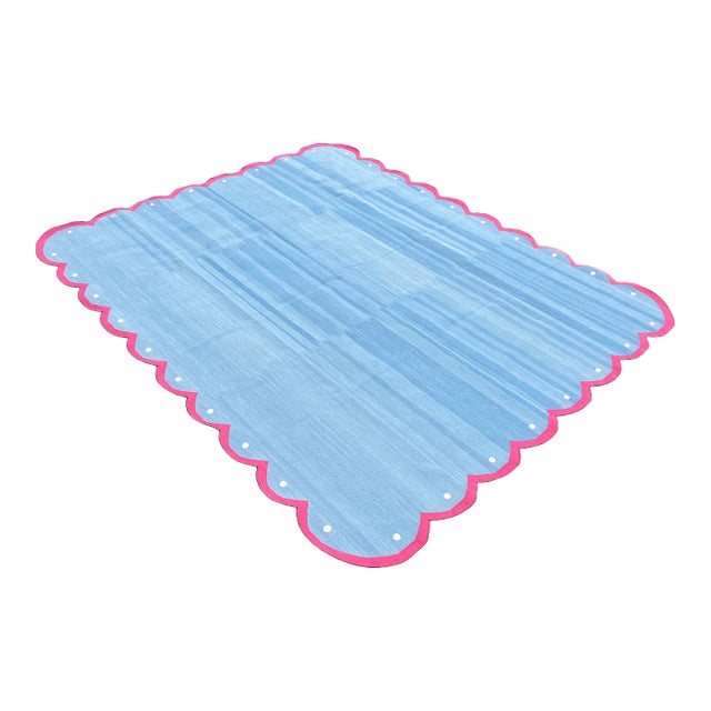 Handmade Cotton Area Four Sided Scalloped Rug Dhurrie Sky Blue and Pink Border-6'x9' For Sale