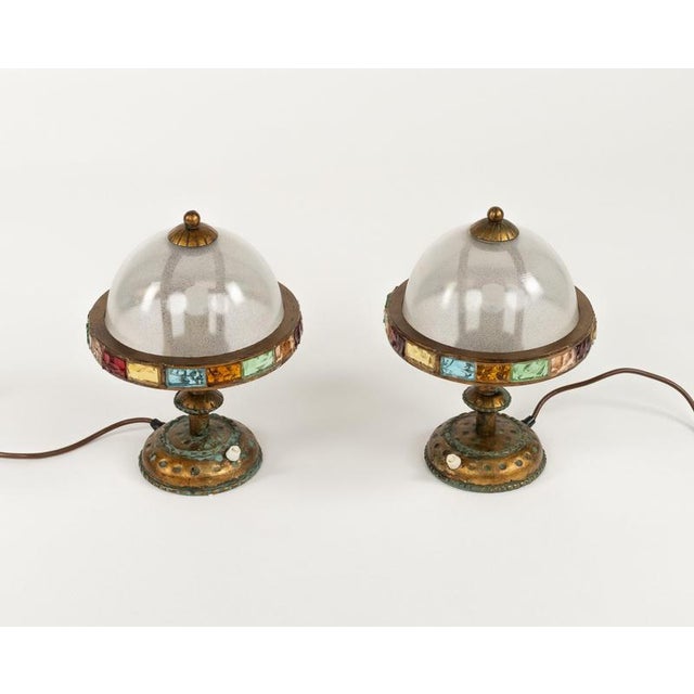 Table Lamps in Wrought Iron and Hammered Glass attributed to Longobard, Italy, 1970s, Set of 2 For Sale - Image 3 of 14