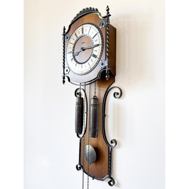 Mid-Century Modern Vintage Hermle Wall Clock with Oak Case and Forged Metal Frame, 1960s For Sale - Image 3 of 12