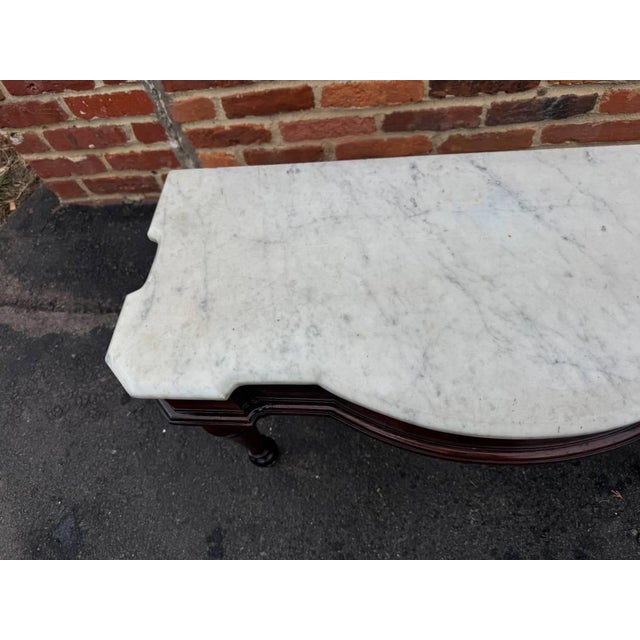 19th Century Antique Victorian Marble Top Flame Mahogany Low Console Table For Sale - Image 5 of 16