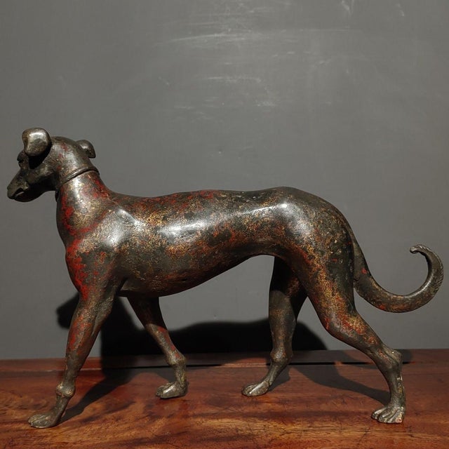 Metal Early 20th Century Gilt Bronze Dog Figure – 7.9" Standing Hound Sculpture With Red Pigment For Sale - Image 7 of 9