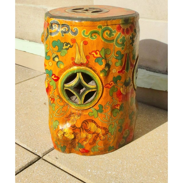 Chinese 1990s Tibetan Handpainted Tree Trunk Stool For Sale - Image 3 of 9