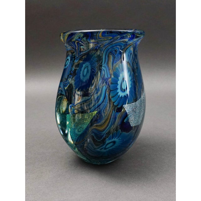 Robert Eickholt Signed 2008 Blue Iridescent Dichroic Free Form Deep Sea Art Glass Vase. Measures approximately 6 1/2"...