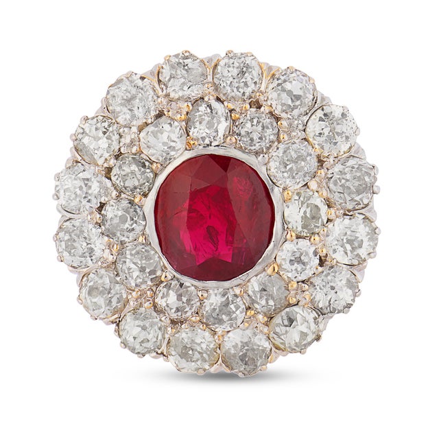 Victorian 1910s Victorian Gia 3.15 Carat No Heat Ruby Diamond Two Tone Gold Cocktail Ring, Size 6.75 For Sale - Image 3 of 7