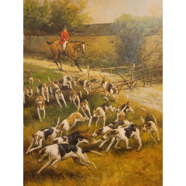 1980s Grand Manor ​Traditional Equestrian Fox Hunt Scene Black Gold Ornate Framed Oil Painting For Sale - Image 10 of 10