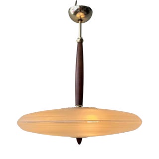 Pendant Lamp in Brass and Teak with Frosted Glass, Italy, 1980s For Sale