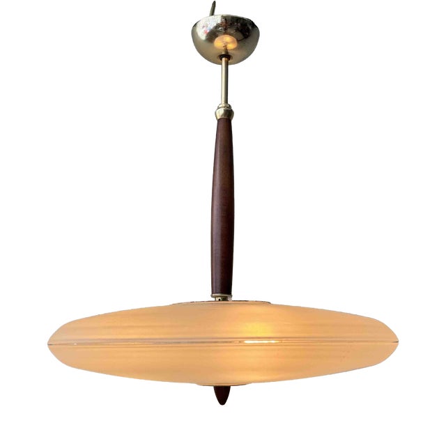 Pendant Lamp in Brass and Teak with Frosted Glass, Italy, 1980s For Sale