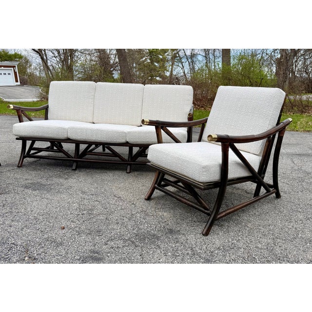 Mid-Century Modern 1960’s Boho Chic Coastal Ficks Reed / Far Horizons Style Bamboo Sofa & Lounge Chairs Set, Restored For Sale - Image 3 of 12