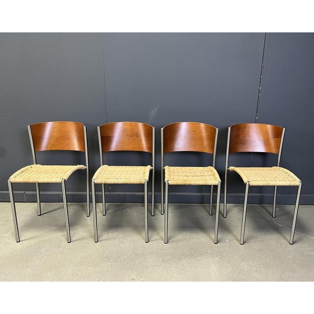 Wood Vintage Italian Wicker and Chrome Dining Chairs, 1980s, Set of 4 For Sale - Image 7 of 8