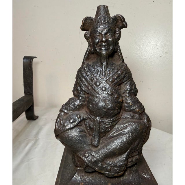Figurative Antique Pair 19th Century Chinese Emperor & Empress Cast Iron Fireplace Andirons For Sale - Image 3 of 16