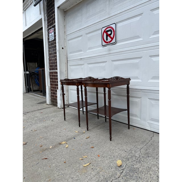 Hepplewhite Pair of Vintage Hepplewhite Style Mahogany Side Tables With Pierced Galleries and Lower Shelves For Sale - Image 3 of 12