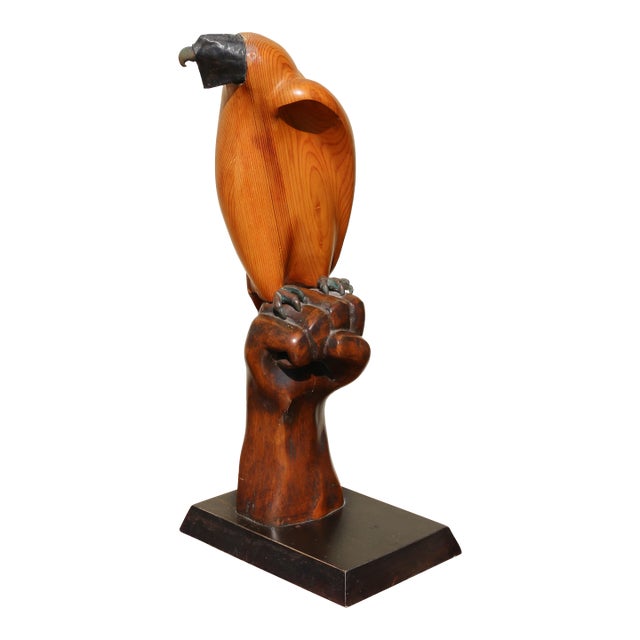 Vintage Sarreid Ltd. Hooded Falcon on Fist Sculpture | Hand-Carved Wood & Brass | Made in Spain, Circa 1970s For Sale