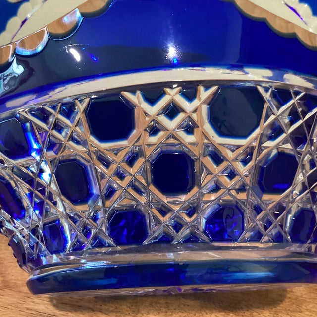 Vintage Limited Edition Cobalt Blue Cut to Clear Bohemian Crystal Centerpiece Basket For Sale - Image 10 of 13
