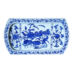Mid-Century Large Chinese Porcelain Platter Tray in Blue and White Brushwork Depicting Mandarin Ducks