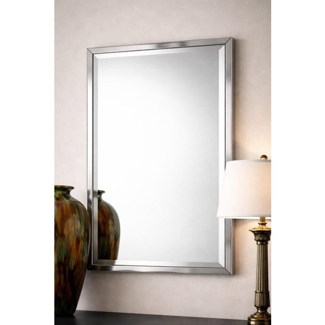 Modern Beveled Wall Mirror With Polished Metal Frame – Modern Classic / Ralph Lauren Style – 35” X 23” For Sale - Image 3 of 6