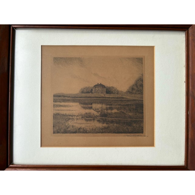 American Antique Signed Landscape Etching in Original Wood Frame, C. 1920 For Sale - Image 3 of 7