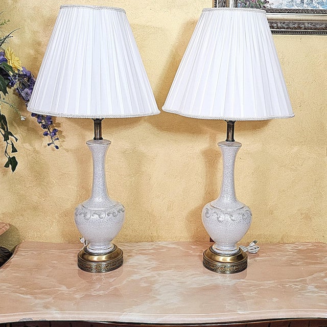 Mid 20th Century Pair of Vintage White Crackle-Glaze Table Lamps With Pleated Shades – 35” For Sale - Image 15 of 18