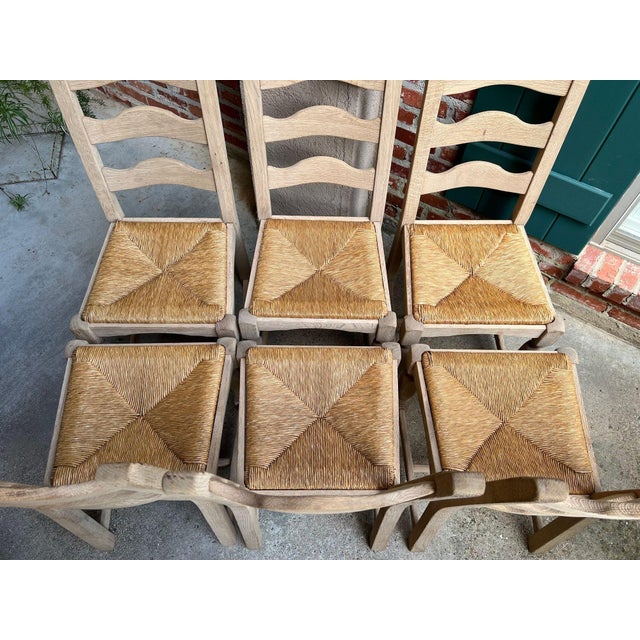 Wood Set 6 Vintage French Ladder Back Dining Chairs Rush Seat Bleached Oak Farmhouse For Sale - Image 7 of 18