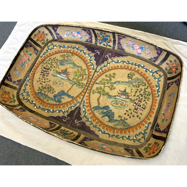 Mid-Century Modern Large Antique Papier-Mâché Decorative Platter With Hand Painted and Applied Decorations For Sale - Image 3 of 17