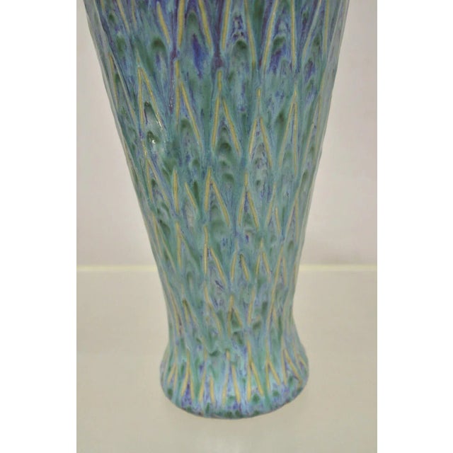 Ceramic Mid-Century Modern Ceramic Pottery Glazed Feather Pulled Purple Blue Vase For Sale - Image 7 of 11