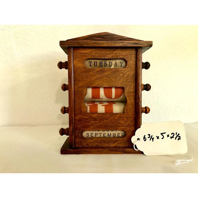 1930s Antique Wooden Scrolling Desk Calendar Keeps Time Perpetually For Sale - Image 5 of 5