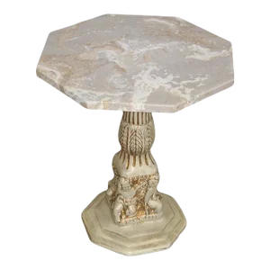 1970s Side Table With Octogan Stone Top and Carved Base