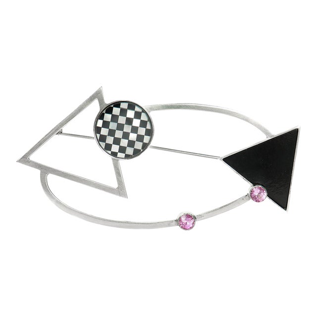 Mardi Jo Cohen 1980's Modernist Sterling Silver & Gemstone Brooch or Pin For Sale