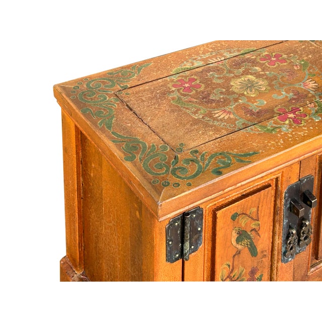 Chinese Chinese Distressed Orange Flower Graphic End Table Nightstand For Sale - Image 3 of 8