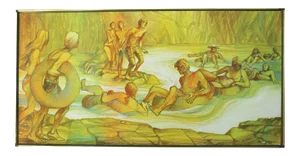 "River Fun" Abstract Figurative Painting in a Green Hue 1960s
