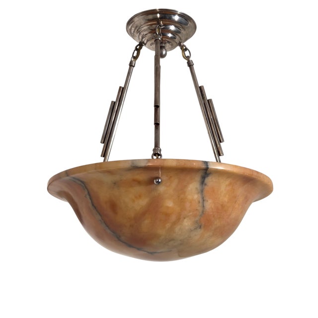 Metal Early 20th Century Honey Amber Hand Carved Original Alabaster Bowl W/ Stepped Nickeled Bronze Stem For Sale - Image 7 of 17