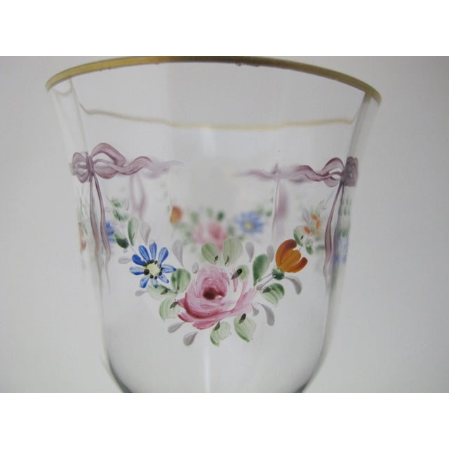 Vintage Hand Painted Colorful Flower & Ribbon Bows Gold Trim Wine Glass For Sale - Image 4 of 7