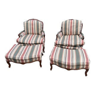 Furniture Fair Louis XV Bergere Upholstered Carved Chairs With Striped Ottomans - Set of 4 For Sale