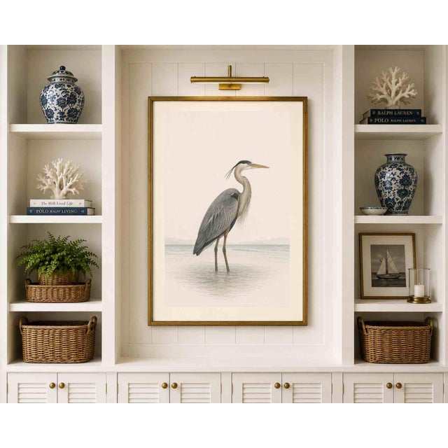 Great Blue Heron Coastal Study, Neutral Bird Wall Art Print, 20" X 30" For Sale - Image 9 of 11
