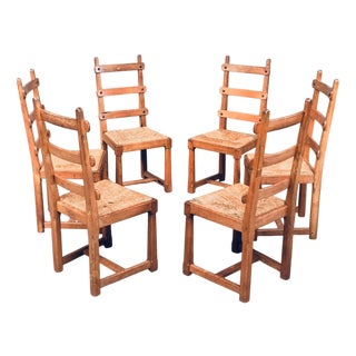 Brutalist Rustic Oak Slat Back Dining Chairs, Belgium, 1960s, Set of 6 For Sale