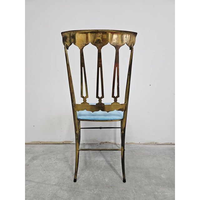 Metal Set of Brass Chiavari Side Chairs with Baby Blue Plush Seats, 1950s For Sale - Image 7 of 15